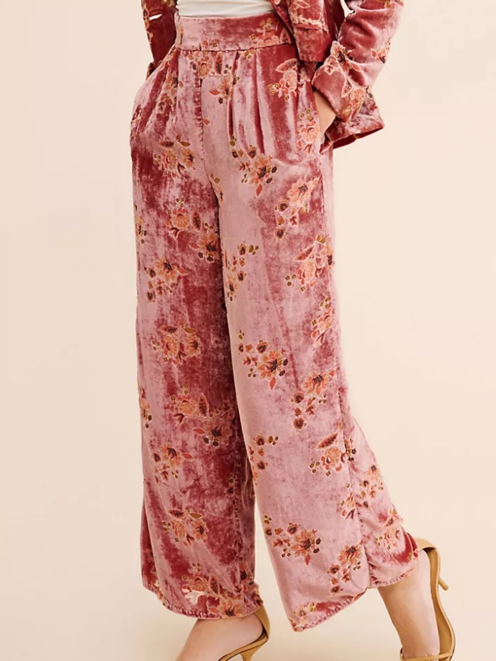 Anthropologie Hutch Pink Floral Burnout Velvet Wide Leg Pants